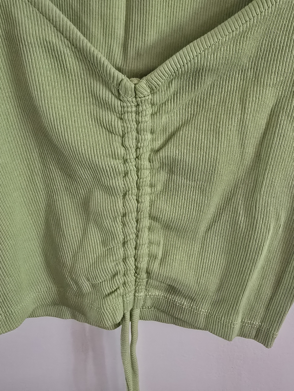 ZARA Lime Green Ribbed Ruffle Sleeve Crop Top Small S Ruched Drawstring V-Neck - Picture 4 of 8